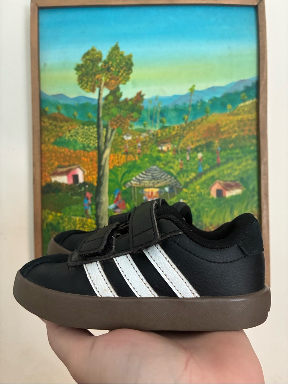 adidas Black Kids Sneakers with White Stripes and Brown Sole